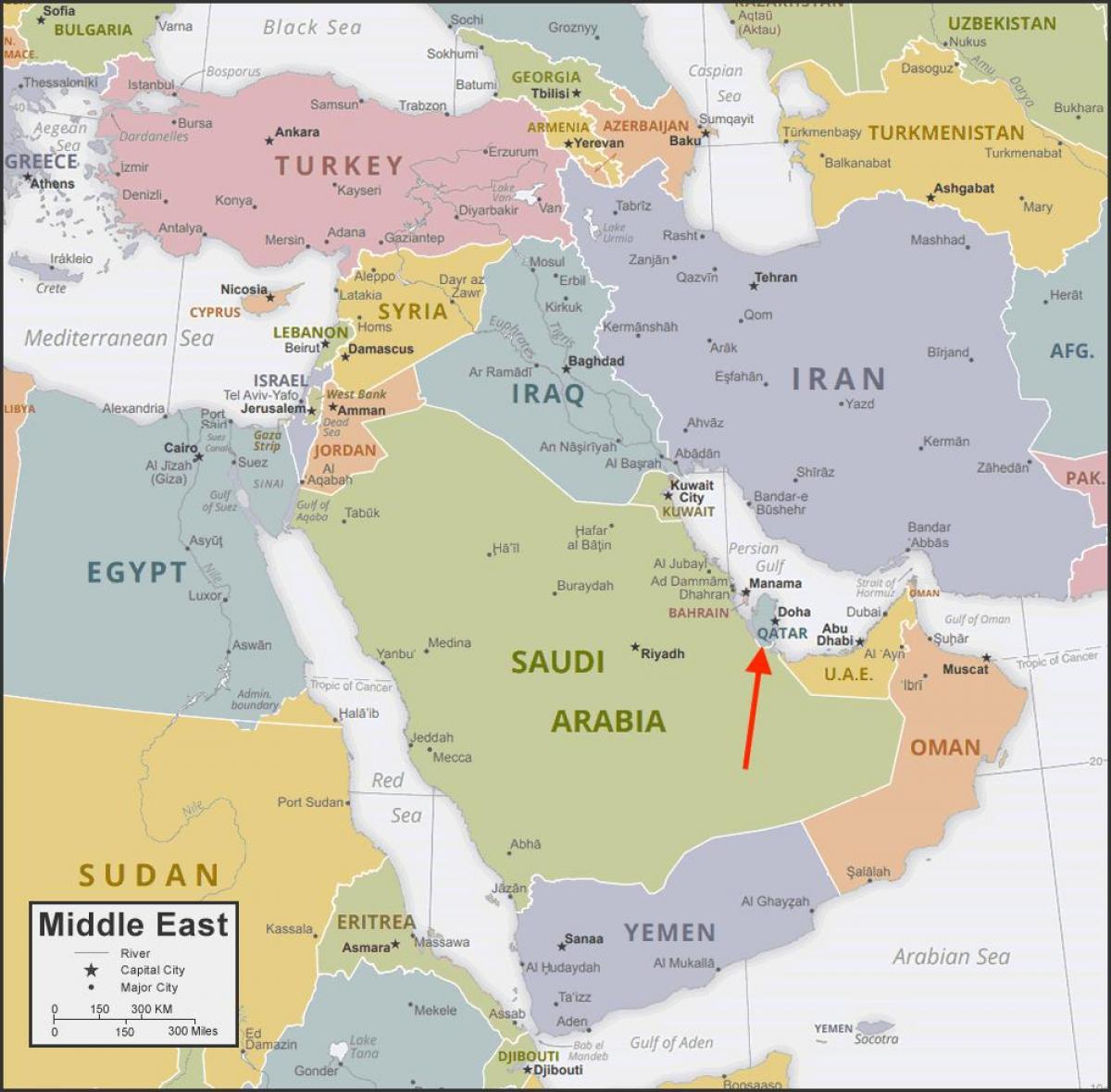 Posizione del Qatar sulla mappa dell'Asia occidentale